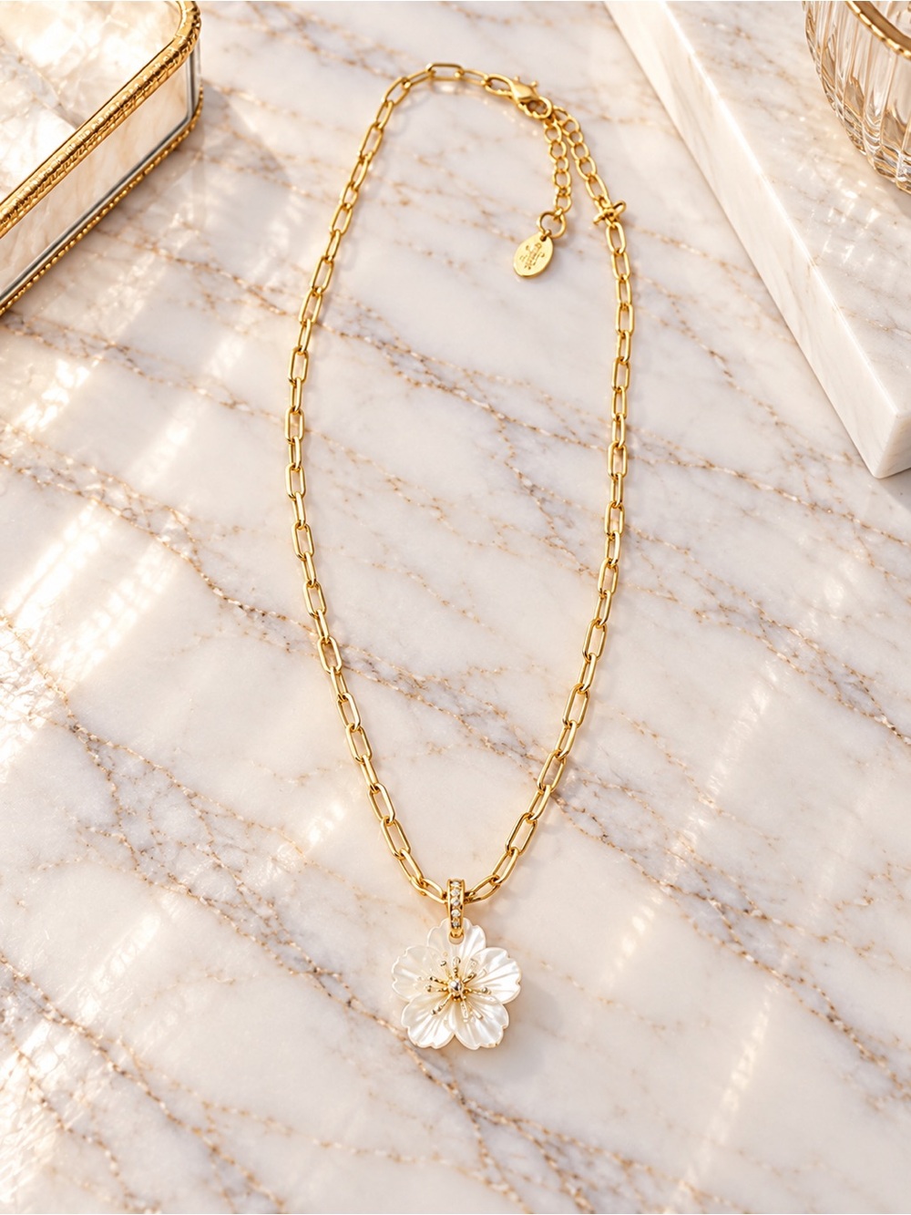 Gold Filled Chain Necklace with White Floral Pendant